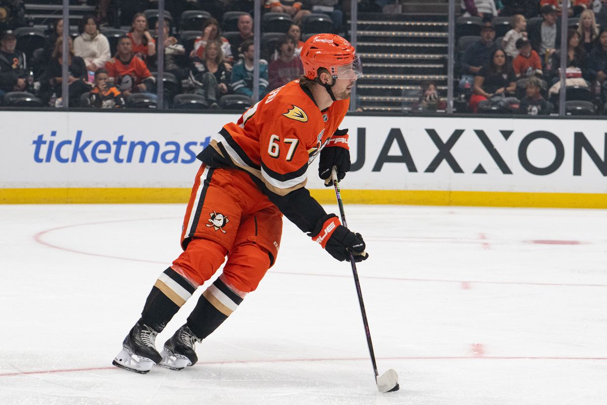 Anaheim Ducks defender Tristan Luneau (67) skates with the puck during an NHL match between San Jose Sharks and Anaheim Ducks on Sunday, September 20, 2026 at Honda Center in Anaheim, California. Anaheim Ducks defender Tristan Luneau (67) skates with the puck during an NHL match between San Jose Sharks and Anaheim Ducks on Sunday, September 20, 2026 at Honda Center in Anaheim, California.