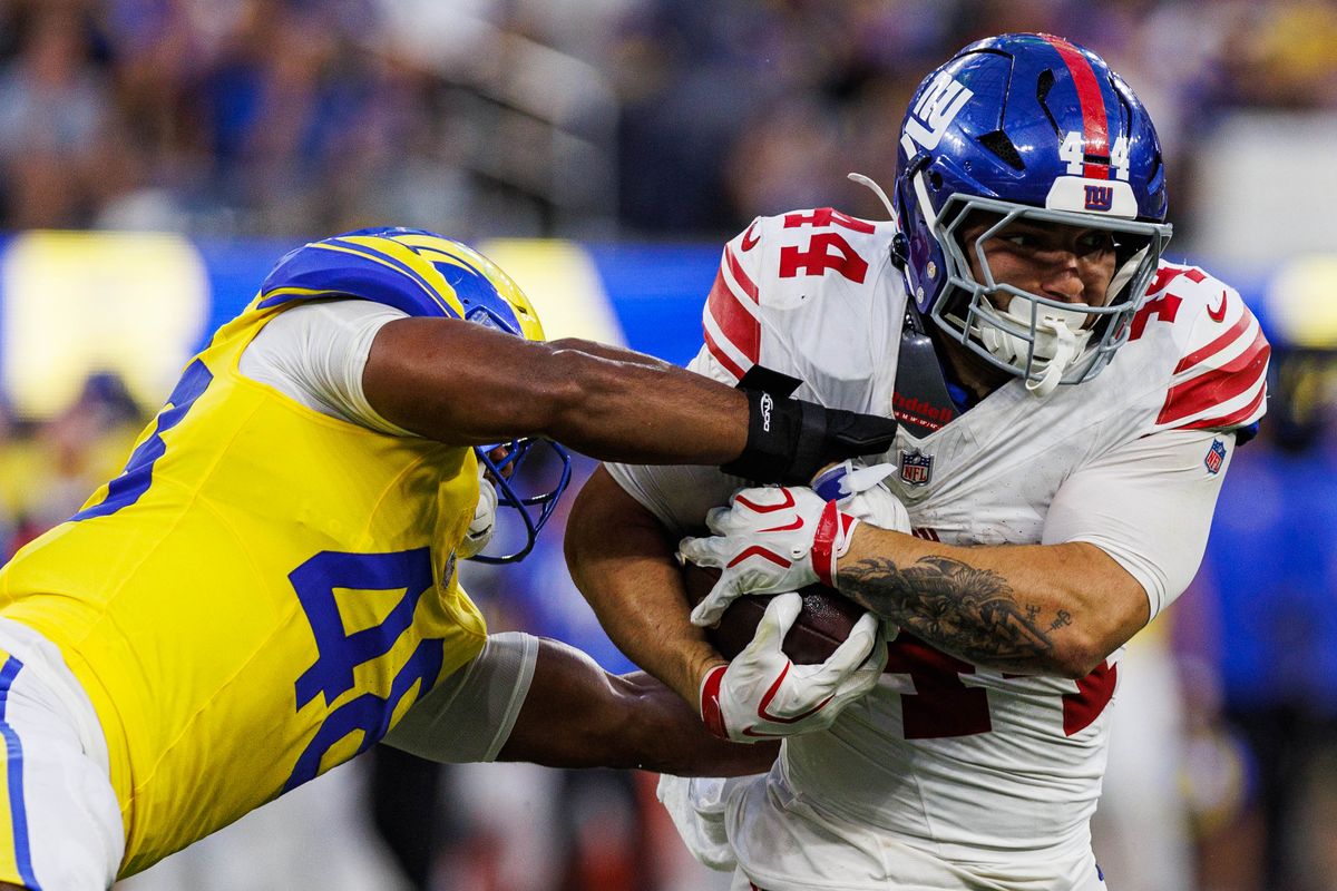 Cam Skattebo #44 of the New York Giants runs the ball during an NFL game against the Los Angeles Rams on September 21, 2026 at SoFi Stadium in Los Angeles, California. Cam Skattebo #44 of the New York Giants runs the ball during an NFL game against the Los Angeles Rams on September 21, 2026 at SoFi Stadium in Los Angeles, California.
