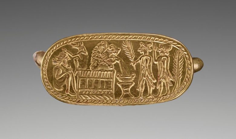 Ancient gold ring with engraved scene of four human figures, a lion, and ritual objects, possibly from the Minoan civilization.