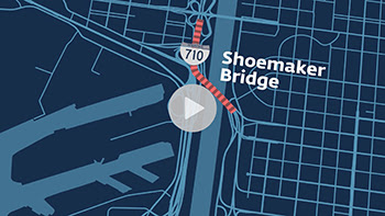 Map showing Shoemaker Bridge and 710 Freeway with red dashed line showing closed bridge with play icon linking to video