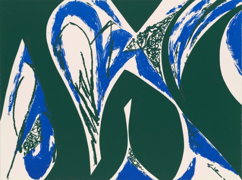 Abstract composition featuring bold green shapes and blue brushstrokes with textured black details on a white background.