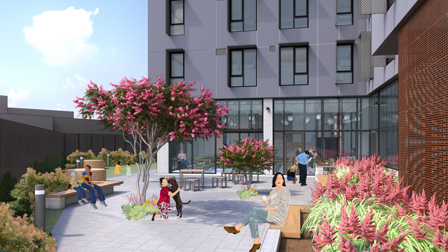 34th & San Pablo courtyard view, rendering by David Baker Architects