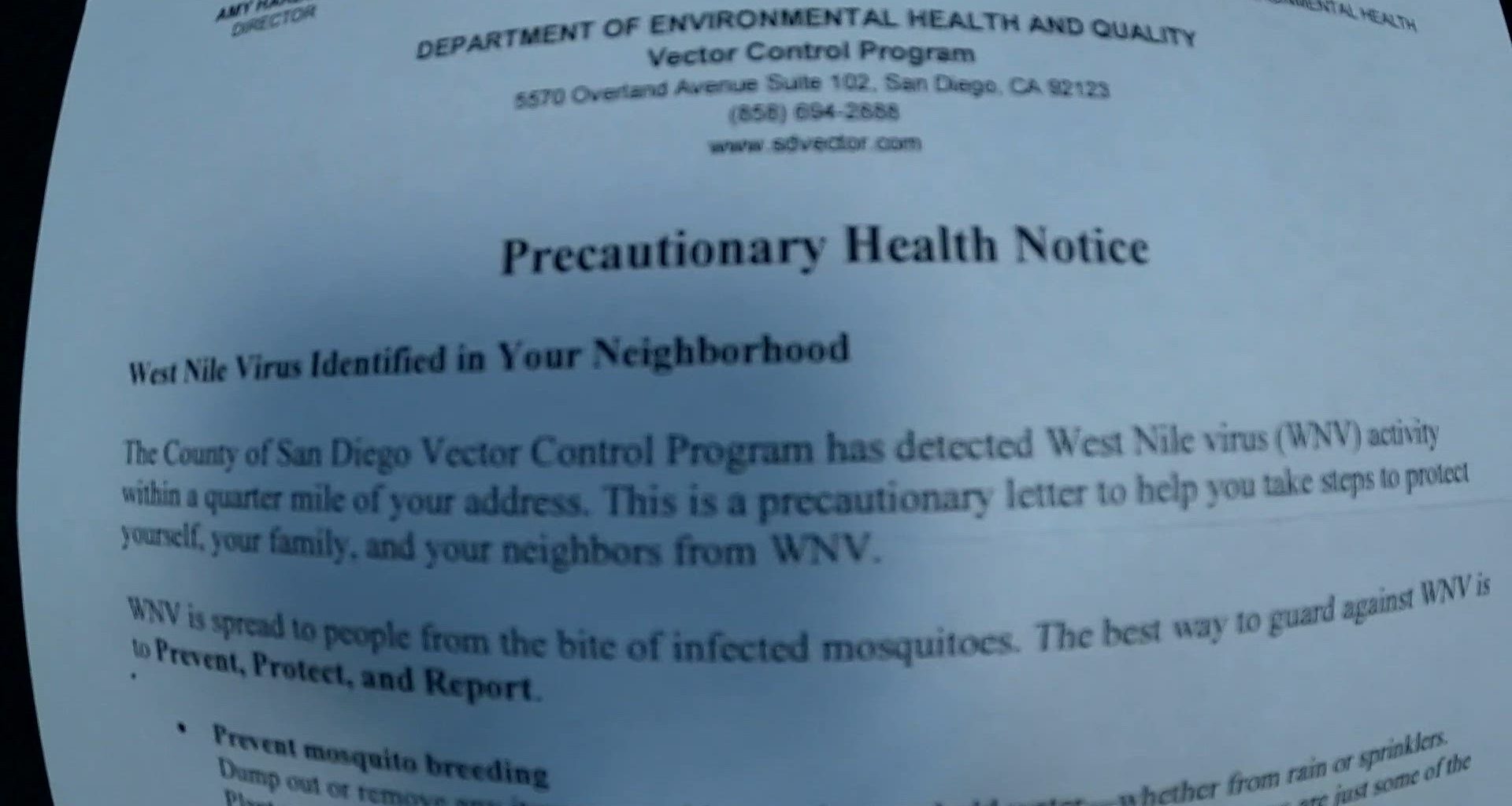 San Diego County alerts Golden Hill residents to West Nile Virus detection in neighborhood