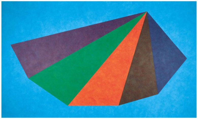 A geometric abstract painting with overlapping shapes in green, orange, purple, and brown, set against a bright blue background.