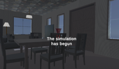 Virtual reality image of a living room with dining table, chairs, door and sofa.