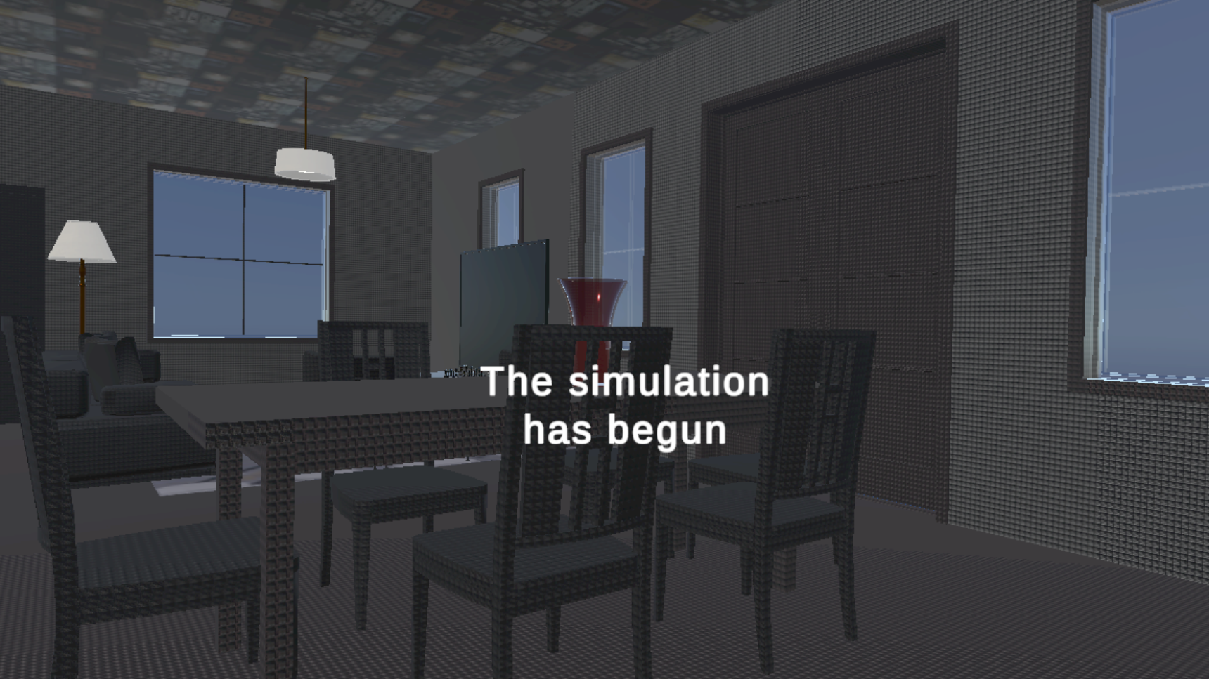 Virtual reality image of a living room with dining table, chairs, door and sofa.