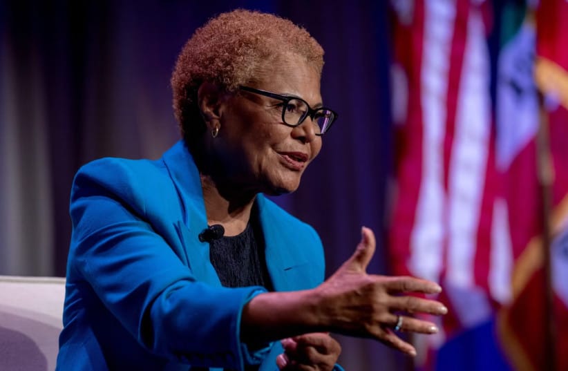 Mayor Karen Bass speaks during the 2026 Jewish Los Angeles Mayoral Forum panel discussion at the Skirball Cultural Center in Los Angeles, Tuesday, Sept. 29, 2026.