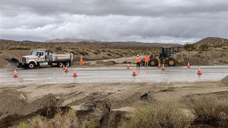 Caltrans crews clean up roads after flash floods in the Kern County desert on Friday, Sept. 19, 2025. (KBAK/KBFX)