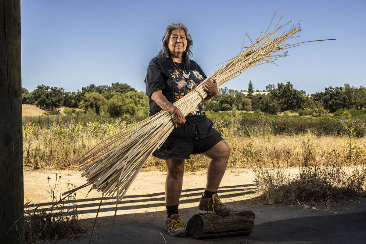 Diana Almendariz, a Maidu-Wintun natural and cultural history expert, holds California tule at the Cache Creek Conservancy in Yolo County on Tuesday, July 28, 2026. Almendariz, a 2026 Change Maker, says tule is her spirit plant, which she uses to make baskets and sometimes to carry fire during cultural burns.