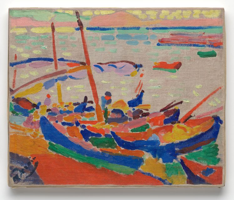 Colorful abstract painting of boats docked at a harbor with vibrant red, blue, yellow, and green brushstrokes against a light water background.