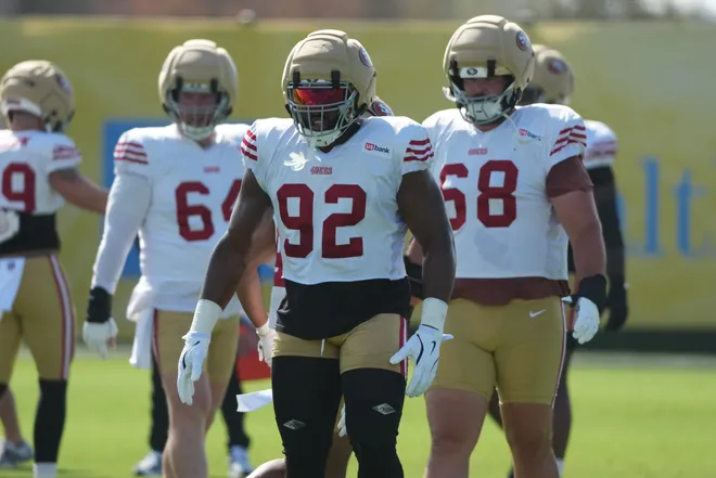 Aug 18, 2026; El Segundo, CA, USA; San Francisco 49ers defensive tackle Osa Odighizuwa (92) during joint practice against the Los Angeles Chargers at The Bolt. Mandatory Credit: Kirby Lee-Imagn Images
