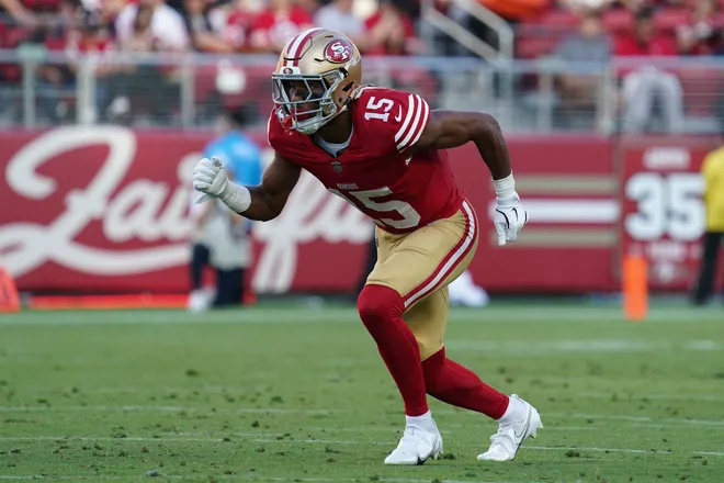 Aug 13, 2026; Santa Clara, California, USA; San Francisco 49ers wide receiver De'zhaun Stribling (15) sprints from the line of scrimmage in the first quarter against the Tennessee Titans at Levi's Stadium. Mandatory Credit: David Gonzales-Imagn Images