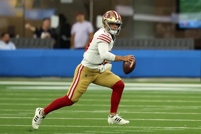 Aug 20, 2026; Inglewood, California, USA; San Francisco 49ers quarterback Brock Purdy (13) runs with the ball during the first quarter against the Los Angeles Chargers at SoFi Stadium. Mandatory Credit: Kiyoshi Mio-Imagn Images
