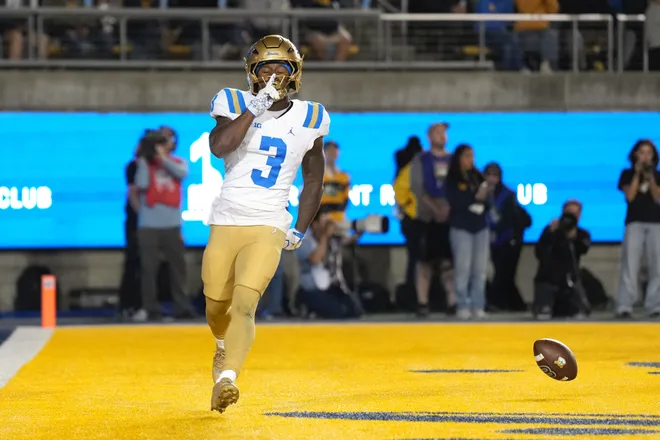 Sep 5, 2026; Berkeley, California, USA; UCLA Bruins running back Wayne Knight (3) gestures after scoring a touchdown against the California Golden Bears during the second quarter at California Memorial Stadium. Mandatory Credit: Darren Yamashita-Imagn Images