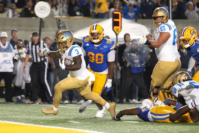 Sep 5, 2026; Berkeley, California, USA; UCLA Bruins running back Wayne Knight (3) rushes for a touchdown against the California Golden Bears during the second quarter at California Memorial Stadium. Mandatory Credit: Darren Yamashita-Imagn Images