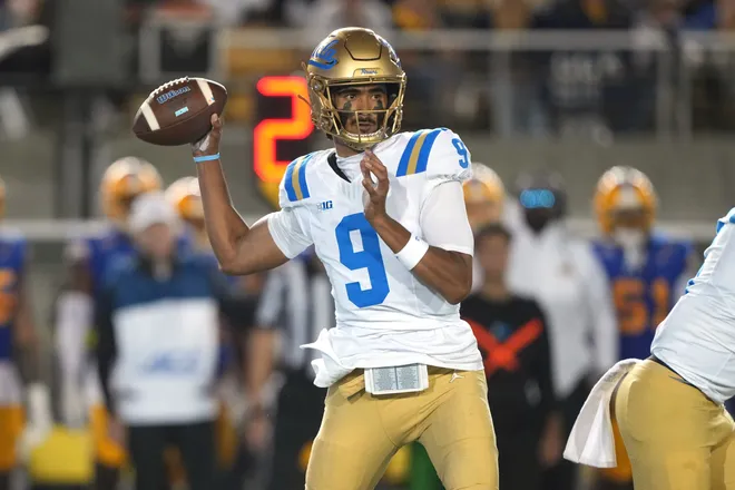 Sep 5, 2026; Berkeley, California, USA; UCLA Bruins quarterback Nico Iamaleava (9) throws a pass against the California Golden Bears during the first quarter at California Memorial Stadium. Mandatory Credit: Darren Yamashita-Imagn Images