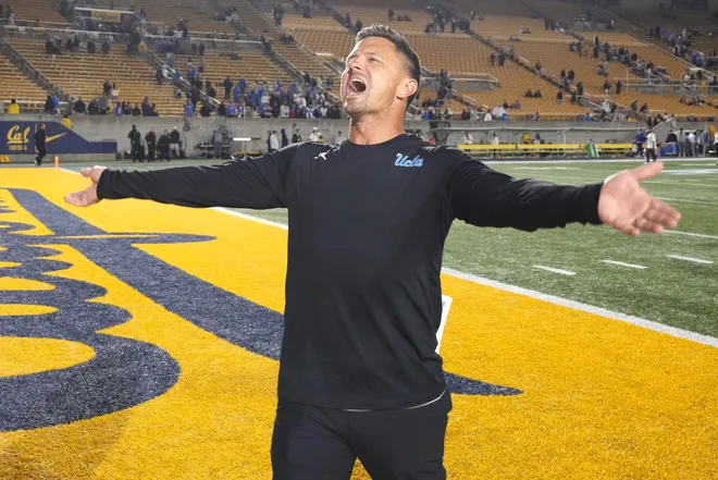 Sep 5, 2026; Berkeley, California, USA; UCLA Bruins head coach Bob Chesney celebrates after defeating the California Golden Bears at California Memorial Stadium. Mandatory Credit: Darren Yamashita-Imagn Images