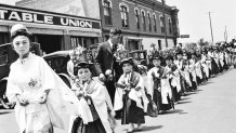 This archival photo shows the first dedication ceremony in downtown San Diego with a children's ochigo procession, May 26, 1926.