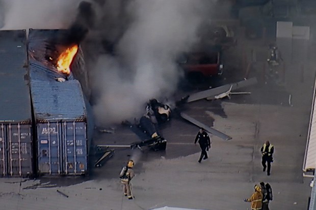 In this still image provided by KABC-TV shows first responders work the scene after a helicopter crashed near a bus crash in Chatsworth, a neighborhood in Los Angeles, Tuesday, Sept. 15, 2026. (KABC-TV via AP)