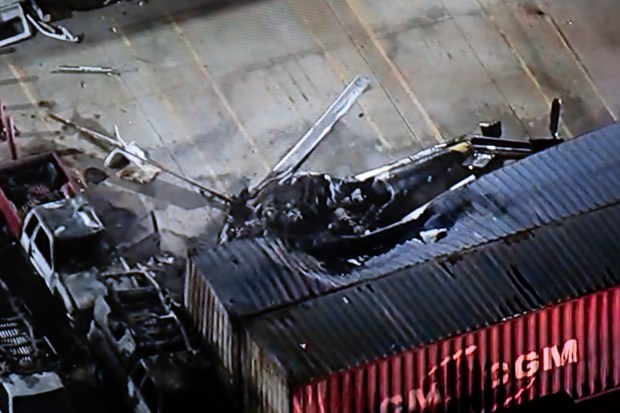 In this still image provided by KABC-TV shows a helicopter that crashed near a deadly bus crash, in Los Angeles on Tuesday, Sept. 15, 2026. (KABC-TV via AP)