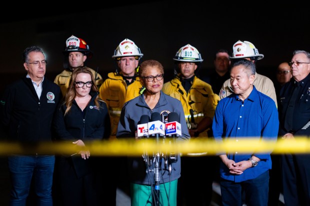 Los Angeles Mayor Karen Bass talks during a news conference at the scene after a helicopter crash in Chatsworth, a neighborhood in Los Angeles, Tuesday, Sept. 15, 2026. (AP Photo/Ethan Swope)