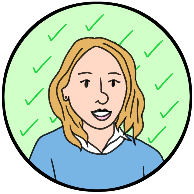 Illustration of a person with light brown hair wearing a blue sweater, smiling, with a green background featuring check marks.