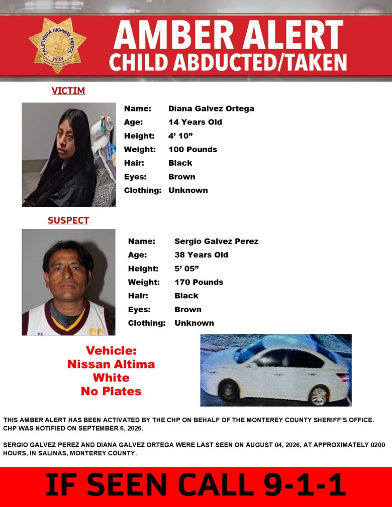 Amber Alert poster for abducted 14-year-old Diana Galvez Ortega, showing victim and suspect photos, white Nissan Altima, and urgent 9-1-1 contact.