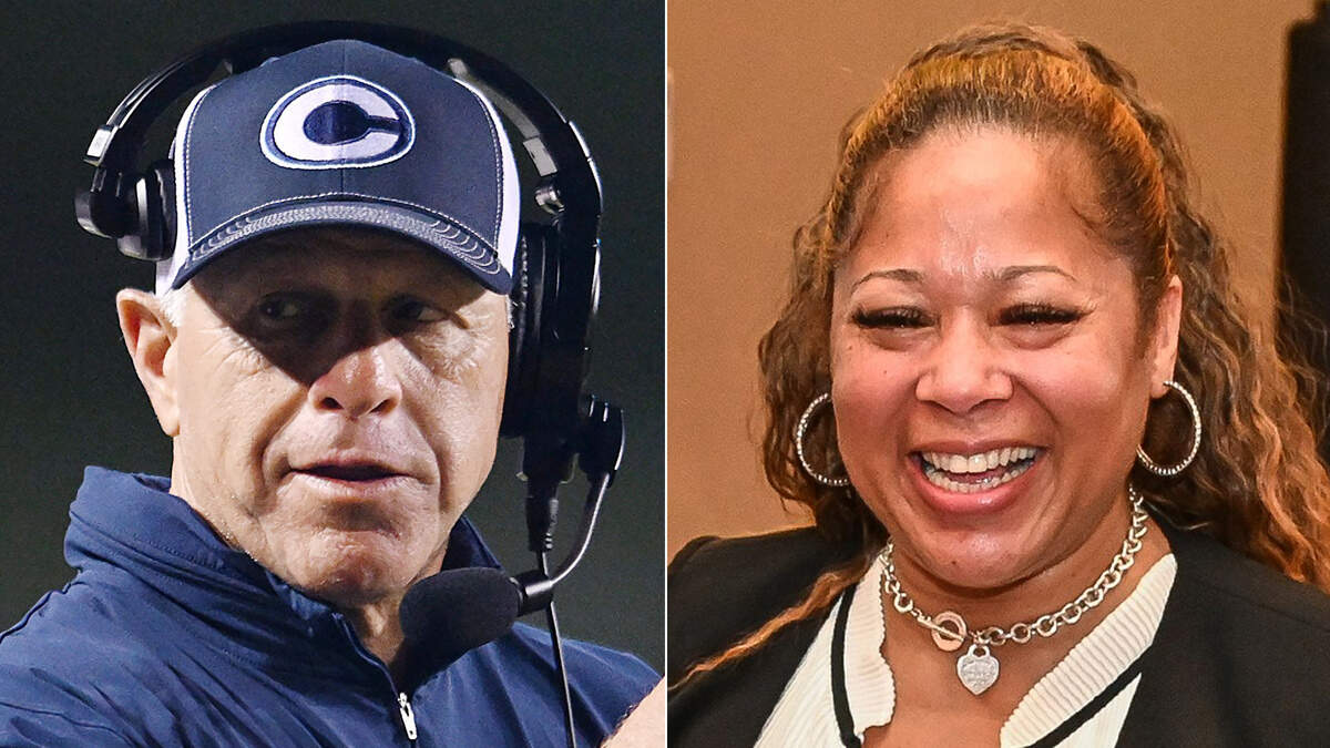 Bullard High football coach Don Arax, left, and FUSD trustee Keshia Thomas, right.
