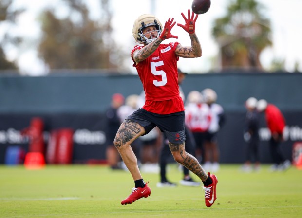 San Francisco 49ers' Mike Evans (5) catches the ball during practice at Levi's Stadium practice field in Santa Clara, Calif., on Wednesday, Sept. 2, 2026. (Shae Hammond/Bay Area News Group)
