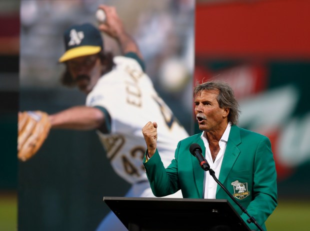 Former Oakland Athletics' Dennis Eckersley talks as he is inducted as a member of the inaugural class of the Athletics Hall of Fame before the A's game against the New York Yankees at the Coliseum in Oakland, Calif., on Wednesday, Sept. 5, 2018. (Nhat V. Meyer/Bay Area News Group)