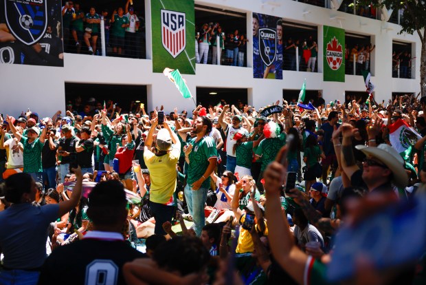 Fans of Mexico cheer after Mexico scores against South Africa during a World Cup watch party at San Pedro Square Market in San Jose, Calif., on Thursday, June 11, 2026. (Shae Hammond/Bay Area News Group)