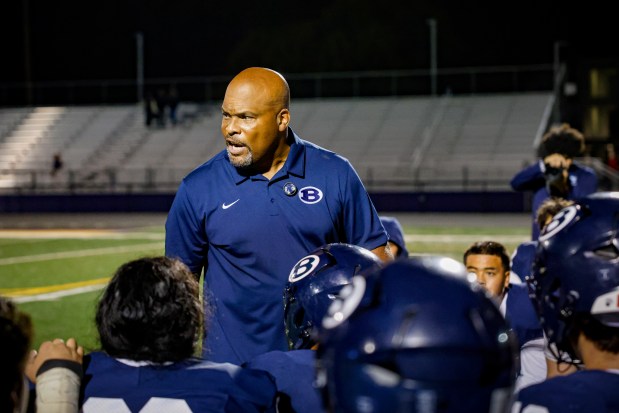 Bellarmine's head coach Tom Williams speaks to the team after winning against Campolindo at San Jose City College in San Jose, Calif., on Saturday, Sept. 5, 2026. (Shae Hammond/Bay Area News Group)