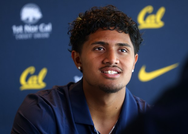 University California Berkeley quarterback Jaron-Keawe Sagapolutele speaks during a press conference at Memorial Stadium on Tuesday, Aug. 4, 2026, in Berkeley, Calif. (Aric Crabb/Bay Area News Group)