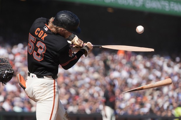 San Francisco Giants' Jonah Cox (53) breaks his bat hitting a foul ball during the seventh inning of a baseball game against the Los Angeles Dodgers, Saturday, Sept. 26, 2026, in San Francisco. (AP Photo/Jeff Chiu)