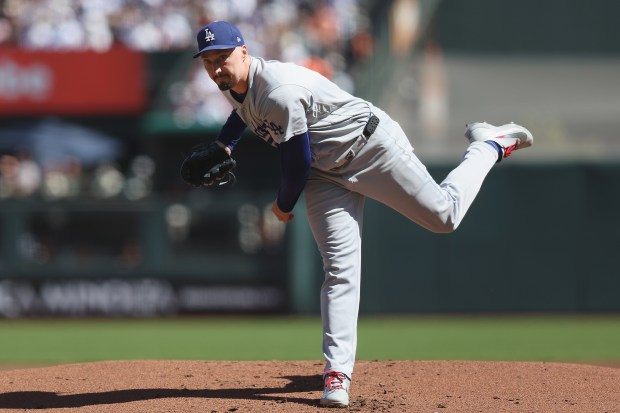 SAN FRANCISCO, CALIFORNIA - SEPTEMBER 26: Blake Snell #7 of the Los Angeles Dodgers pitches in the bottom of the first inning against the San Francisco Giants at Oracle Park on September 26, 2026 in San Francisco, California. (Photo by Lachlan Cunningham/Getty Images)