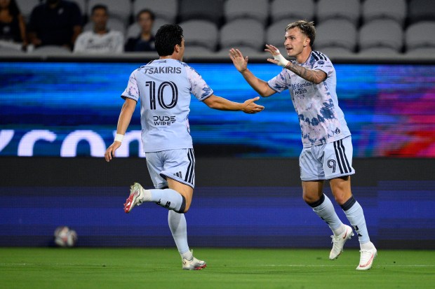 SAN DIEGO, CALIFORNIA - SEPTEMBER 09: Niko Tsakiris #10 of the San Jose Earthquakes celebrates with Luka Jovanović #9 after scoring a goal against San Diego FC during the first half at Snapdragon Stadium on September 09, 2026 in San Diego, California. (Photo by Orlando Ramirez/Getty Images)