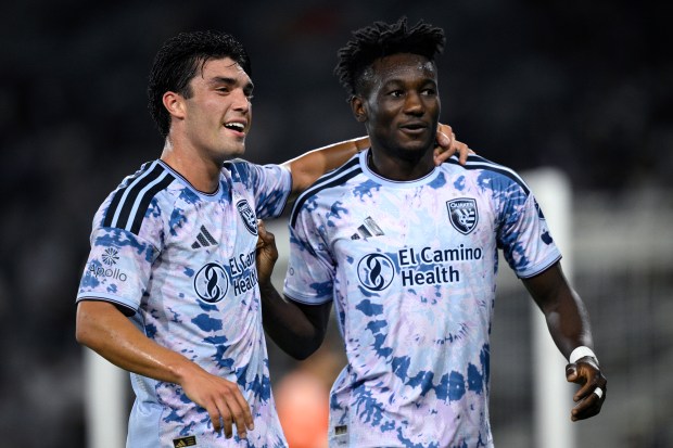 SAN DIEGO, CALIFORNIA - SEPTEMBER 09: Ousseni Bouda #7 of the San Jose Earthquakes celebrates with Niko Tsakiris #10 after scoring a goal against San Diego FC during the first half at Snapdragon Stadium on September 09, 2026 in San Diego, California. (Photo by Orlando Ramirez/Getty Images)