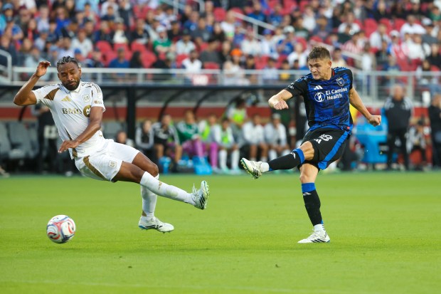 San Jose Earthquakes' Reid Roberts (18) scores a goal against LAFC's Eddie Segura (4) in the second half at CEFCU Stadium in San Jose, Calif., on Saturday, Sept. 19, 2026. (Shae Hammond/Bay Area News Group)