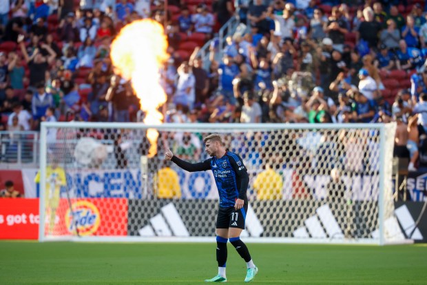 San Jose Earthquakes' Timo Werner (11) gives a thumbs up after assisting San Jose Earthquakes' Reid Roberts (18) with a goal against LAFC in the second half at Levi's Stadium in Santa Clara, Calif., on Saturday, Sept. 19, 2026. (Shae Hammond/Bay Area News Group)