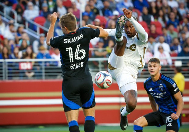 LAFC's Armindo Sieb (9) jumps to kick the ball against San Jose Earthquakes' Jack Skahan (16) in the second half at Levi's Stadium in Santa Clara, Calif., on Saturday, Sept. 19, 2026. (Shae Hammond/Bay Area News Group)