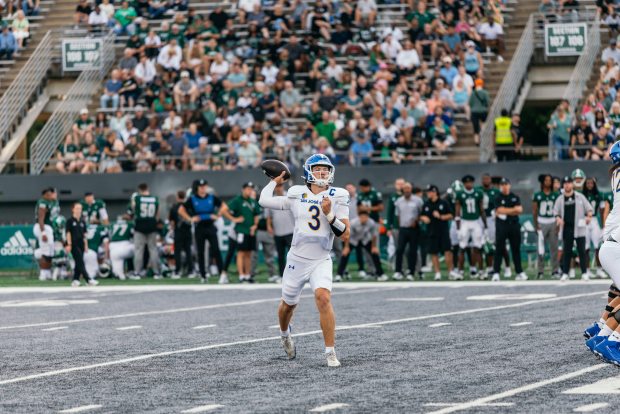 San Jose State quarterback Luke Weaver had a big night passing against Eastern Michigan on Friday night. The Manteca native's 40-yard TD pass in the fourth quarter gave the Spartans a 24-21 lead. (Courtesy of Aubrey Tibbils / San Jose State)