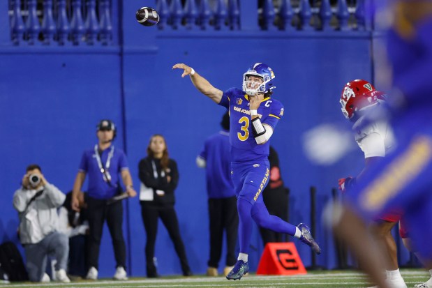 San Jose State Spartans' Luke Weaver (3) throws the ball against Fresno State Bulldogs' Martin Owusu (8) in the first quarter at CEFCU Stadium in San Jose, Calif., on Saturday, Sept. 19, 2026. (Shae Hammond/Bay Area News Group)