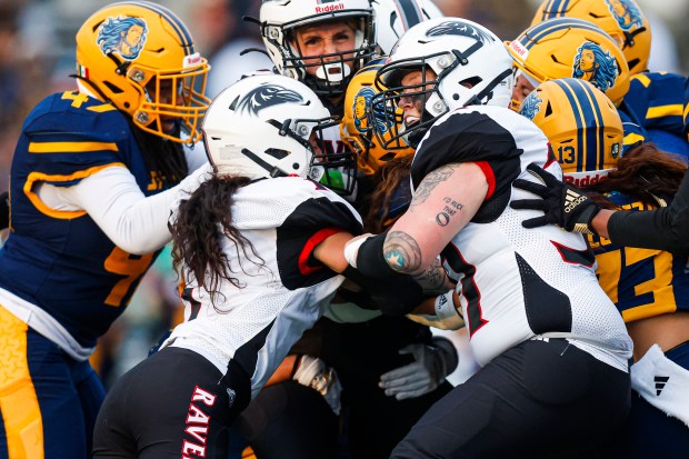 The Golden State Storm's Nakisha Harris (47), Golden State Storm's DJ Espinosa (19), Golden State Storm's Paulina Lopez (13) tackle the Oregon Raven's Sara Cabot (21), Oregon Raven's Jacque Lopez (1), and Oregon Raven's Jess Gerdes (37) in the second half at Laney College in Oakland, Calif., on Sunday, May 3, 2026. (Shae Hammond/Bay Area News Group)