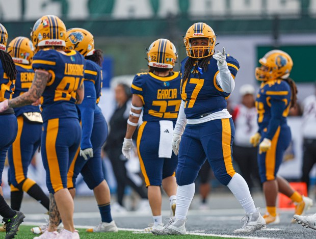 Golden State Storm's Nakisha Harris (47) walks on the field during a game against the Oregon Ravens at Laney College in Oakland, Calif., on Sunday, May 3, 2026. (Shae Hammond/Bay Area News Group)