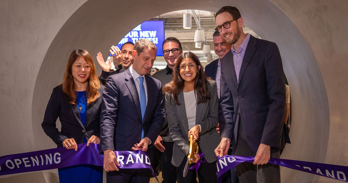 A group of seven well-dressed people smile as a woman cuts a purple ribbon at a grand opening event inside a modern, curved tunnel entrance.