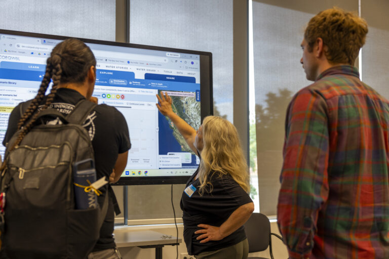 Three people look at a website that is open on a large digital screen. One of the people is manipulating the images on the screen with her hand.