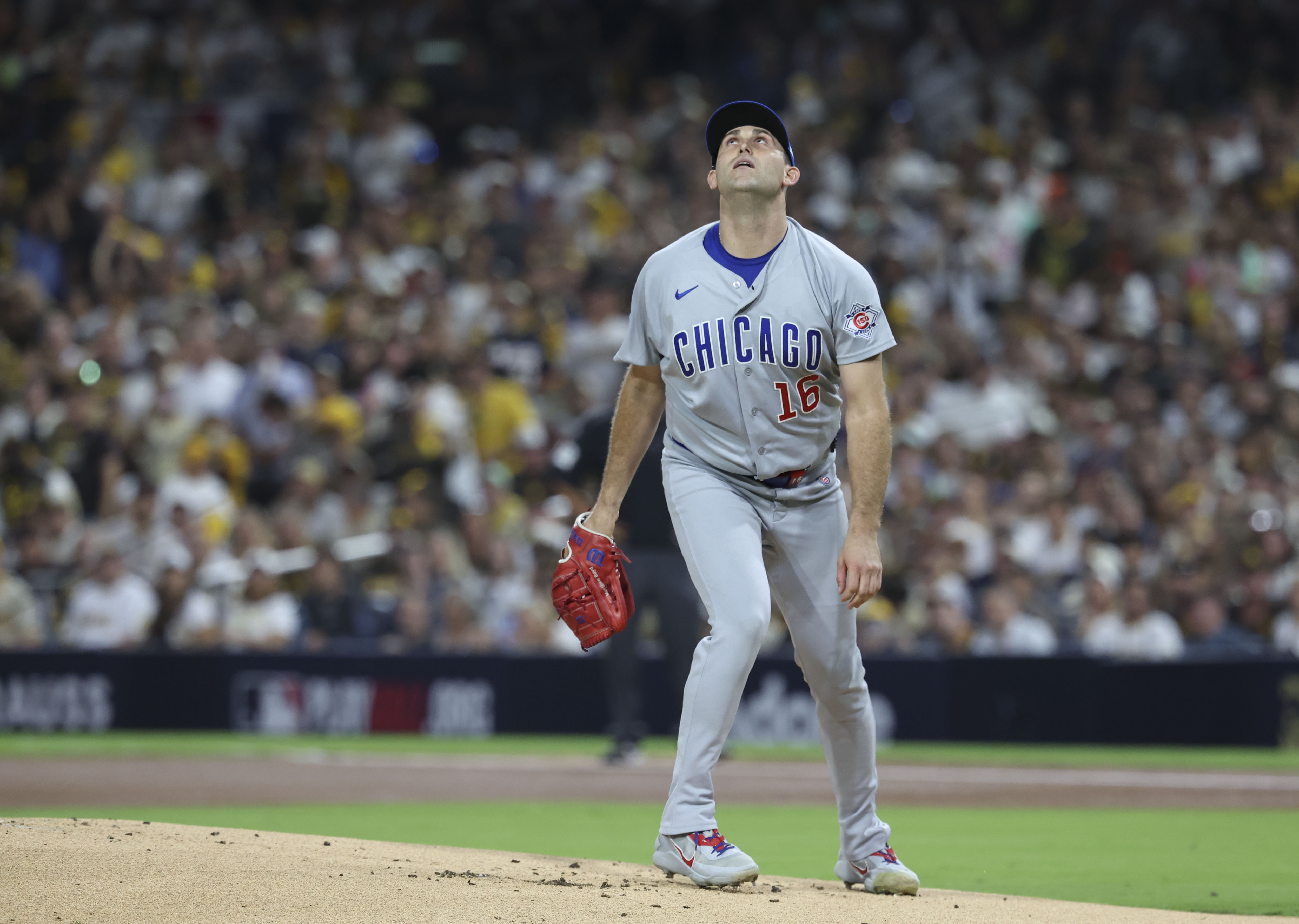 Cubs pitcher Matthew Boyd looks up as he allows a home run to Padres right fielder Fernando Tatis Jr. in the first inning in Game 1 of their wild-card series on Sept. 29, 2026, in San Diego. (Brian Cassella/Chicago Tribune)