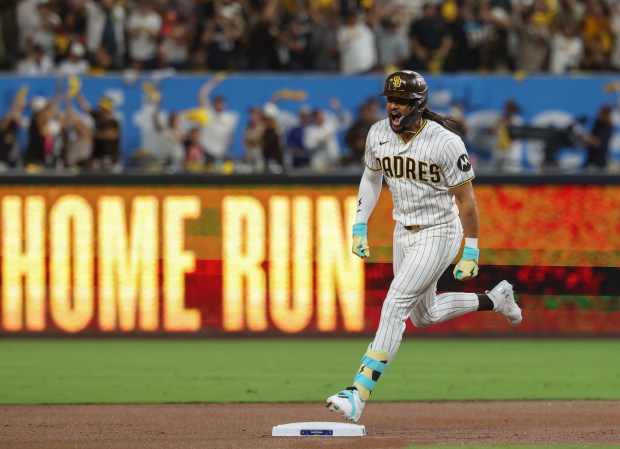 Padres right fielder Fernando Tatis Jr. circles the bases with a leadoff home run against the Cubs in the first inning in Game 1 of their wild-card series on Sept. 29, 2026, in San Diego. (Brian Cassella/Chicago Tribune)