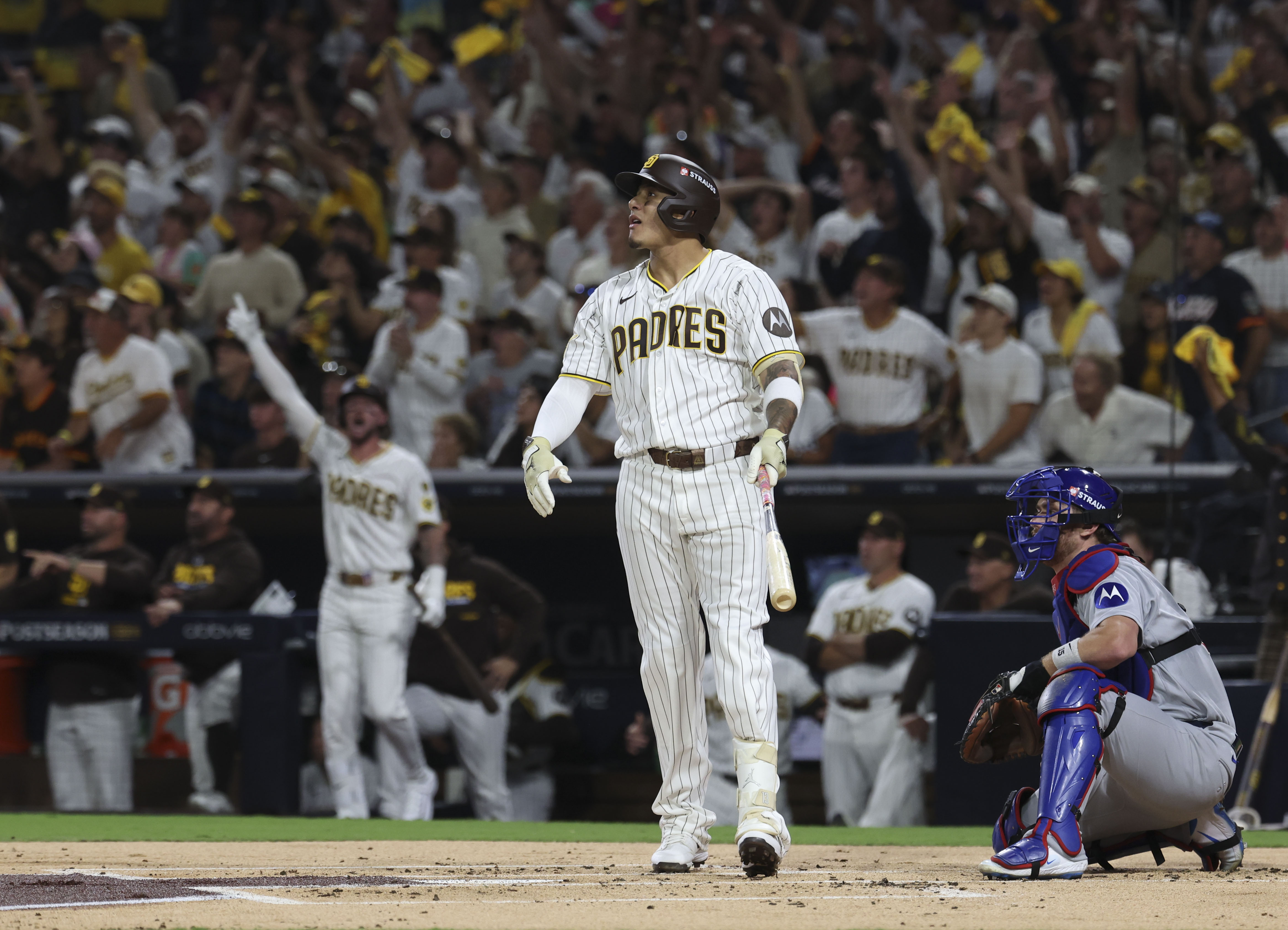 Padres third baseman Manny Machado watches his solo home run off Cubs pitcher Matthew Boyd in the first inning in Game 1 of their wild-card series on Sept. 29, 2026, in San Diego. (Brian Cassella/Chicago Tribune)