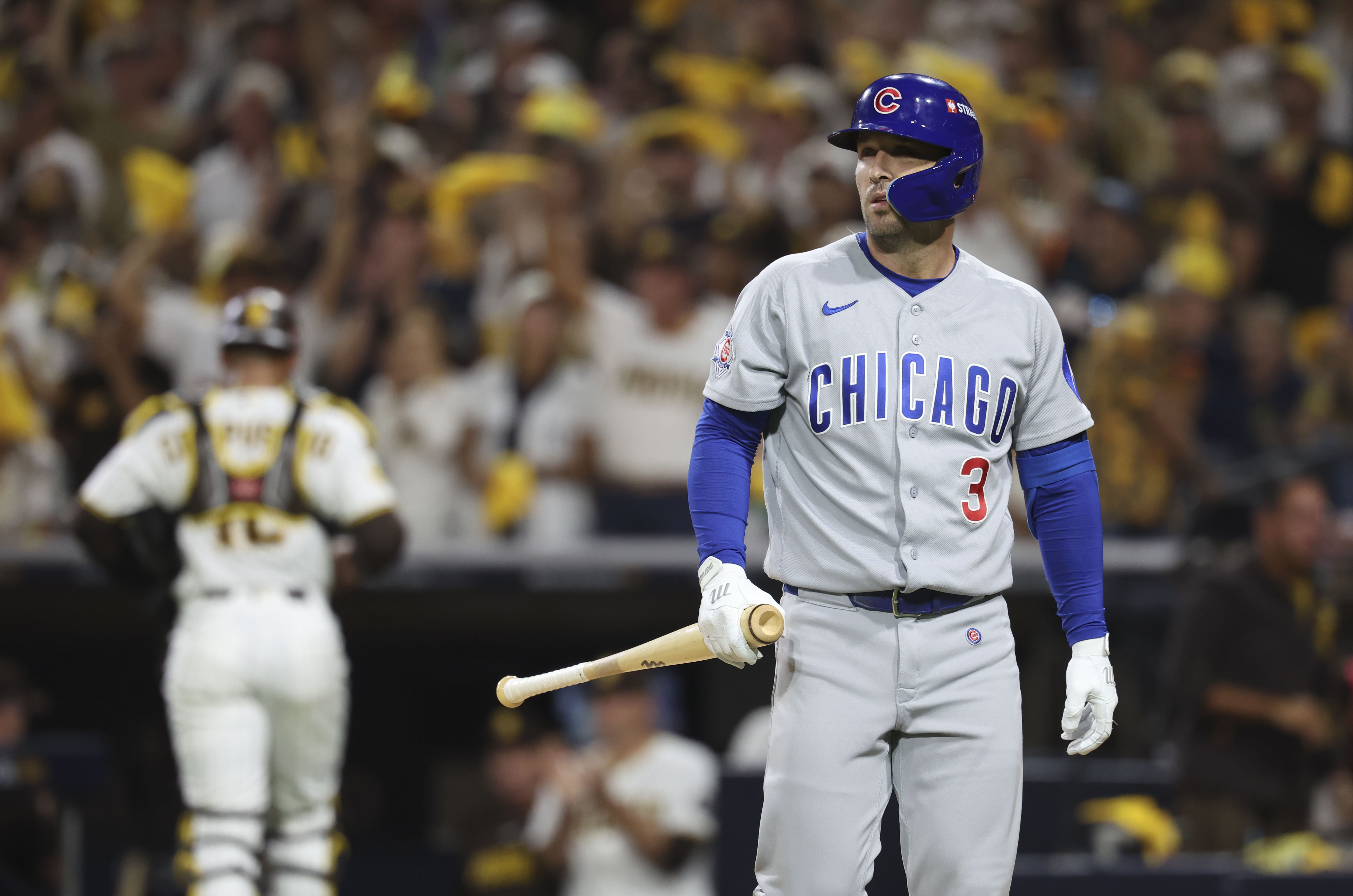 Cubs designated hitter Alex Bregman walks off after striking out in the third inning in Game 1 of their wild-card series on Sept. 29, 2026, in San Diego. (Brian Cassella/Chicago Tribune)